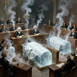 byzantine science fiction courtroom filled with cryogenic sarcophogi spilling white smoke, by greg rutkowski, zdzisław beksinski, anato finnstark, and rembrandt