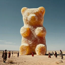 an atmospheric portra 800 photo of a gigantic 10ft tall gummy bear being used as a worship tool by a cult in the middle of nowhere by greg rutkowski, anato finnstark. hyper detailed, 50mm, award winning photography.