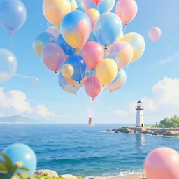 plenty of floating birthday balloons. beautiful sea with a lighthouse. digital art, highly - detailed, artstation cgsociety masterpiece