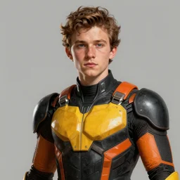 portrait of a superhero by greg rutkowski, he looks like miles teller, he is wearing a black, orange and yellow kevlar gear, highly detailed portrait, digital painting, artstation, concept art, smooth, sharp foccus ilustration, artstation hq