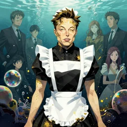 stylized portrait of elon musk as a french maid, geometric fantasy art, splattering black gold, iridescent bubbly underwater scenery, greg rutkowski, loish, rhads, makoto shinkai, lois van baarle, ilya kuvshinov