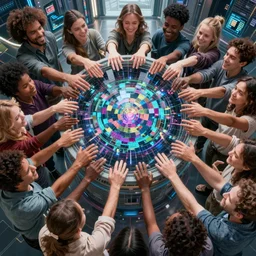 group portraits, groups of diverse happy humans hands in the air, creating together large beautiful virtual art, highly detailed, super realistic, cyberhall, perfect lighting pixel sorting