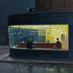 a painting of the exterior of a cyberpunk bar on a rainy night by Edward Hopper