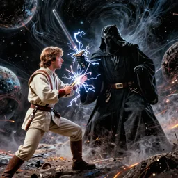 screenshot of a dark sith lord in a robe with electricity fighting Luke Skywalker, on a planet of maelstrom,, chaos, the world without form and void, 1970s film by Stanley Kubrick, iconic scene, stunning cinematography, hyper detailed, sharp, anamorphic lenses, kodak color, 4k, stunning