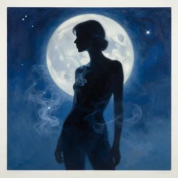 fashion model silhouette smoke, soft blue moon light, white stars, poster art, high detail, intricate oil painting, multiple exposure, hyperrealism, by stanley kubrick