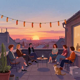 people chilling on the rooftop terrace, beautiful view, sunset, garland, cat. digital drawing by wes anderson, jean pierre jeunet, tim burton, tomm moore, howard arkley, karl gerstner. hyper detailed.
