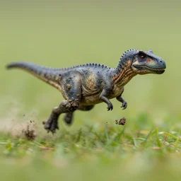 action photography, viewed from far away, award winning macro photo of a tiny ultra detailed muddy gray dinosaur running fast on grass, heavy dirt and dust, fast shutter speed, motion blur, tiny gaussian blur, highly detailed, highly intricate, depth of field, national geographic