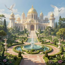 Beautiful eden garden, next to a haven and a mystical palace, intricate, elegant, volumetric lighting, digital painting, highly detailed, artstation, sharp focus, illustration, concept art, ruan jia, steve mccurry