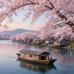 a houseboat by a small fishing village on the river | cherry - blossoms | highly detailed | very intricate | serene romantic fantasy whimsical magical | professional cinematic lighting | dusk | studio ghibli | award - winning | matte painting by anton fadeev and paul lehr and rhads and alena aenami | pastel color palette | featured on artstation