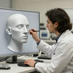 a male researcher with long dark bob cut struggling to train 3d face model neural network in jerusalem, digital art