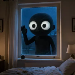black figure with massive wide eyes tapping at window, view from inside bedroom, midnight