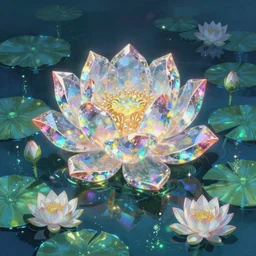 a painting of crystal lotuses in an iridescent pond with bioluminescent algae and waterlilies by yusuke murata and makoto shinkai, cel shaded, unreal engine, highly detailed, iridescent, illustration, artstation, pixiv, reflective, volumetric lighting, soft glow, vibrant, sharp