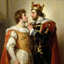attractive fully clothed king confesses his love for his attractive fully clothed male prince. highly detailed painting by gaston bussiere, j. c. leyendecker