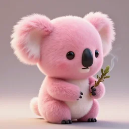 high quality 3 d render hyperrealistic very cute small koala smoking weed, plush mascot, short spiky dense fluffy smooth hair, photo from the side, pink fluffy fur, 1 5 0 mm, beautiful natural soft light, rim light, vray, smooth background, artstation, ultra detailed