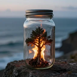 glass jar with a burning tree inside, standing on a cliff, bokeh, ocean in the background, metal lid, dramatic lighting, hyperrealistic, highly detailed