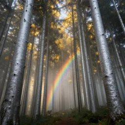 photo from inside a forest, surrounded by tall silver tree trunks, Ambar golden blobs, rainbow mist