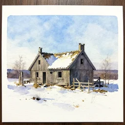 small centered on watercolor paper, paint brush strokes, abstract watercolor painting of ancient viking house ruins ( in snow ), daylight, blue sky, cinematic light, national romanticism by hans dahl, by jesper ejsing, by anders zorn, by greg rutkowski, by greg manchess, by tyler edlin