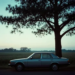 1 9 7 0 s car parked by the pine tree, silhouettes in field behind, film photo, soft lighting album cover, nostalgia, turquoise gradient