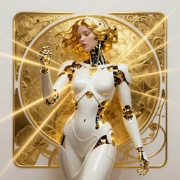 beauty art nouveau woman, White and gold robotic, lasers making patterns in reflection of gold, trending on artstation, by Artgerm
