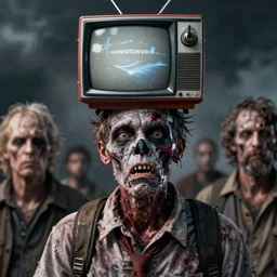 hyper realistic photo portrait zombie with a television on his head cinematic, greg rutkowski, james gurney, mignola, craig mullins, brom