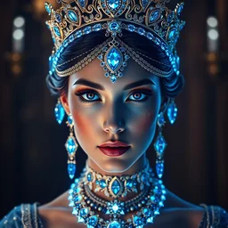 portrait princess of sapphire, glowing, ornate and intricate blue jewelry, jaw dropping beauty, glowing background lighting, blue accent lighting, hyper detailed, majestic, 4 k octane render