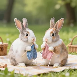 two rabbits in love with each other are having a picnic in the park, knitting