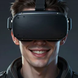 Portrait of a man by Greg Rutkowski, symmetrical face, an young man with a VR Heaset covering his eyes, Kubric Stare, cold, twisted and sinister smile, highly detailed portrait, scifi, digital painting, artstation, book cover, cyberpunk, concept art, smooth, sharp foccus ilustration, Artstation HQ