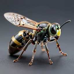 a cybernetic wasp, 4k, ultra realistic, 8k, 3d render, highly detailed, macro photography