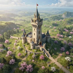 beautiful render of kingdom of larion in spring, unreal engine, fantasy style, epic landscape, guard tower, castle, drone shot, soft light, by greg rutkowski, cgsociety