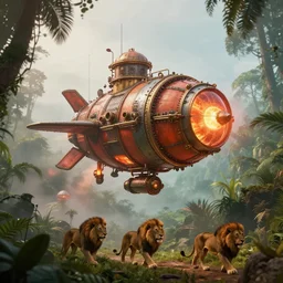 big hot air flying machine steampunk, in a jungle valley, foggy, lions walking, octane render, volumetric, unreal engine, depth of field