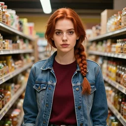 an insanely detailed realistic depiction of beautiful jodi from stardew valley standing in the grocery store wearing burgundy sweater under denim jacket, auburn hair, pretty brown eyes, french braid, in the style of peter mohrbacher, artgerm, dramatic lighting and composition, octane render, trending on artstation, concept art 8 k