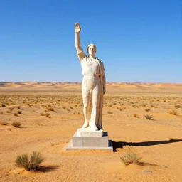 a vast desert landscape with sparse vegetation in the style of thomas cole with a soviet era marble statue exactly in the middle of the image, raytracing, 8 k, octane render, volumetric, vivid, beautiful, hyperrealism