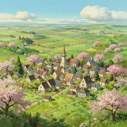 a beautiful landscape of a tiny futuristic village in the french countryside during spring season, painting by studio ghibli backgrounds and frederic edwin church hd and louis remy mignot hd, nice spring afternoon lighting, smooth tiny details, soft and clear shadows, low contrast, perfect