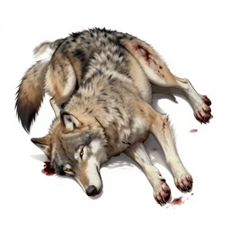 top down view of a dead wolf on transparent background as game art, blood, wounds