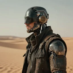 a masked rugged engineer man with cybernetic enhancements lost in the desert, scifi character portrait by greg rutkowski, esuthio, craig mullins, 1 / 4 headshot, cinematic lighting, dystopian scifi gear, gloomy, profile picture, mechanical, half robot, implants, steampunk