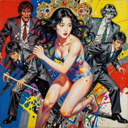 decollage painting young japanese actress chased by unknown danger by adrian ghenie and takato yamamoto and edward hopper and mark ryden and tsutomu nihei, part by bridget riley, acrylic pour and splashing paint, very coherent, baroque elements, perfect anatomy, intricate design. pop art.