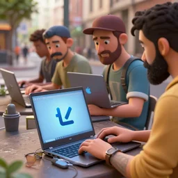 a group of realistic bums on street using laptops with blender 3 d logotype on laptop, highly detailed, intricate, sharp focus, digital art, 8 k