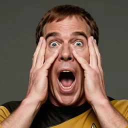 photograph of captain j. kirk from star trek in absolute disbelief, shocked, mouth wide open, hands against his face. sharp photograph, sharp focus, highly detailed,, detailed face!!, ultra realism, dramatic lighting, zeiss lens, canon eos, detailed skin, dynamic pose, 8 k resolution, hyperrealism, portrait photography