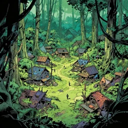 full page comic book drawings of cyberpunk apocalyptic forest village scene, bold color palette, high contrast, by carel willink and jean giraud, comic book panels, octane render