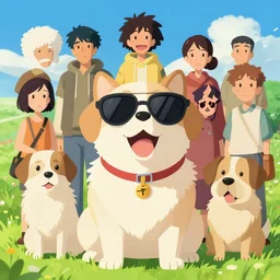 maximalist joyful dog, sunglasses, pixiv fanbox, makoto shinkai takashi takeuchi studio ghibli, akihiko yoshida, yoshitaka amano, wangechi mutu, clean cel shaded vector art. shutterstock. behance hd by lois van baarle, artgerm, helen huang, rossdraws, illustration
