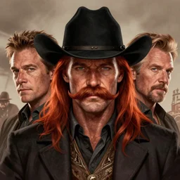 portrait close - up, john wayne, karl urban, stephen fry, drunk cowboy redhead long hair, big moustache, black stetson and coat, dusty background, marvel comics, dark, intricate, highly detailed, smooth, artstation, digital illustration, ruan jia, rutkowski, albert bierstadt, frank tenney johnson