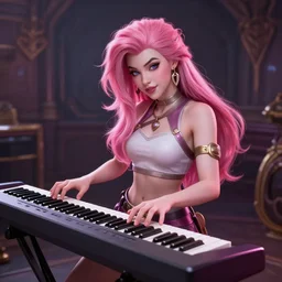 seraphine, from league of legends, pink hair, musical keyboard, hyper detailed, digital art, trending in artstation, cinematic lighting, studio quality, smooth render, unreal engine 5 rendered, octane rendered, art style by klimt and nixeu and ian sprigger and wlop and krenz cushart
