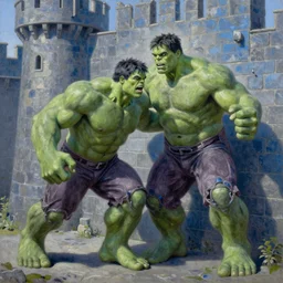 the hulk replacing a bluestone in a castle wall, oil on canvas, intricate, 8 k highly professionally detailed, hdr, cgsociety