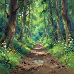 deep muddy forest on a sunny day walkway panorama, blooming, traditional gouache painting by chinese studio, greg rutkowski by disney studio, by pixar 3 d render and kyoto animation