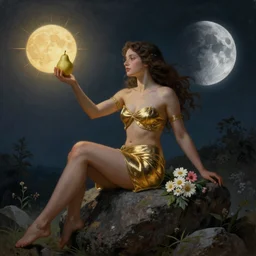 very realistic beautiful painting of a goddess wearing a short metallic golden skirt holding flowers and levitating a pear, sun on the left moon on the right as she is sitting on a rock at night time, realistic 8K HD