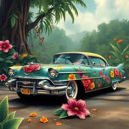 a cadillac 1 9 5 7 coupe with an airbrushed djungle with colorful flowers