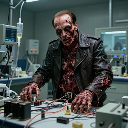 horror movie still, italian berlusconi as a cyberpunk rotten zombie in med lab, full of medical wires, batteries, tech and drips