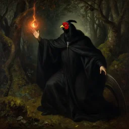 Blood mage with capercaillie's head casting a spell in dark, mossy woods. Baroque era oil painting.