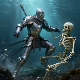 an armored knight, fighting a skeleton skeleton skeleton, underwater, dynamic lighting, caustics, 4 k, trending on artstation