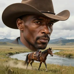face close - up jamie foxx as a cowboy on his horse is crossing american plains with a small riverbed, mountaineous background, cloudy day, highly detailed, digital art, by greg rutkowski, by albert bierstadt